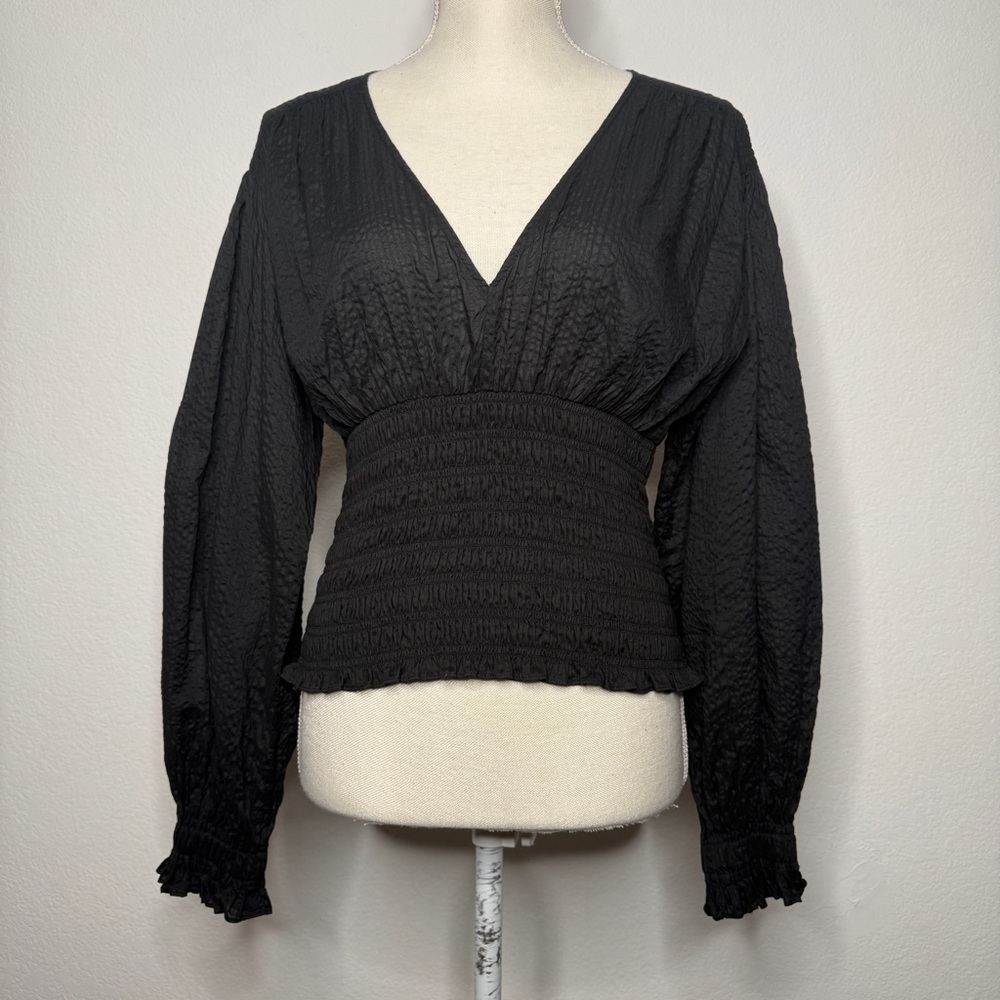 Frame Black Crinkled Cotton Smocked V Neck Balloon Sleeve Lined Blouse Size M